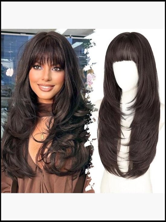 Long Dark Brown Wig with Bangs for Women 4x4 Realistic Scalp Free Parting